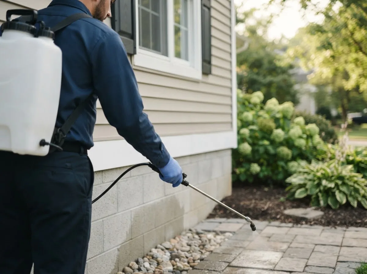 Pest control technician inspecting a home in Clay City, KY